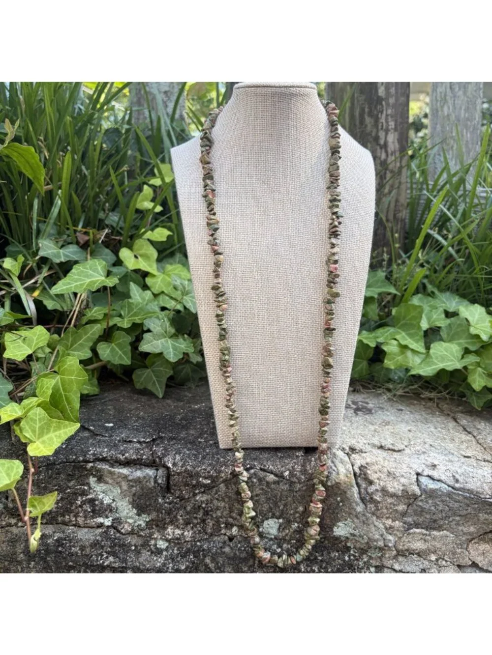 Boho Natural Stone Chip Necklace Bundle Tiger's Eye Unakite Moss Agate Long 32